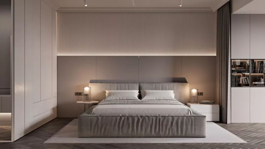 主卧的背景墙用灯带分割成两个部分,增添了层次感布艺的床垫柔和大气